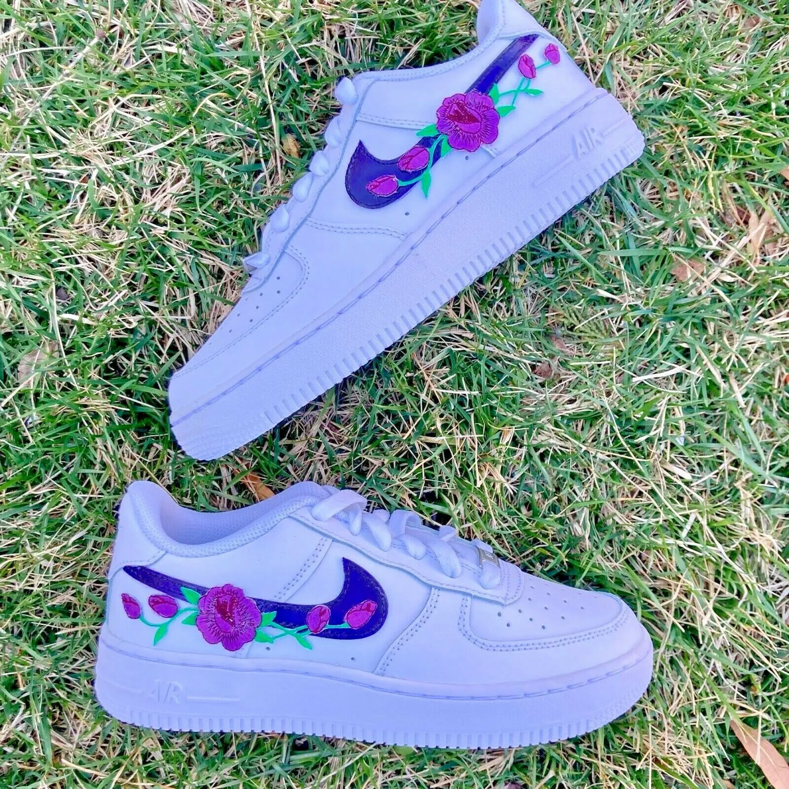 Air Force 1 Custom Dark Purple Rose Floral Flower Low Shoes Women Kids AF1 Sneakers Lace Tie Day Long