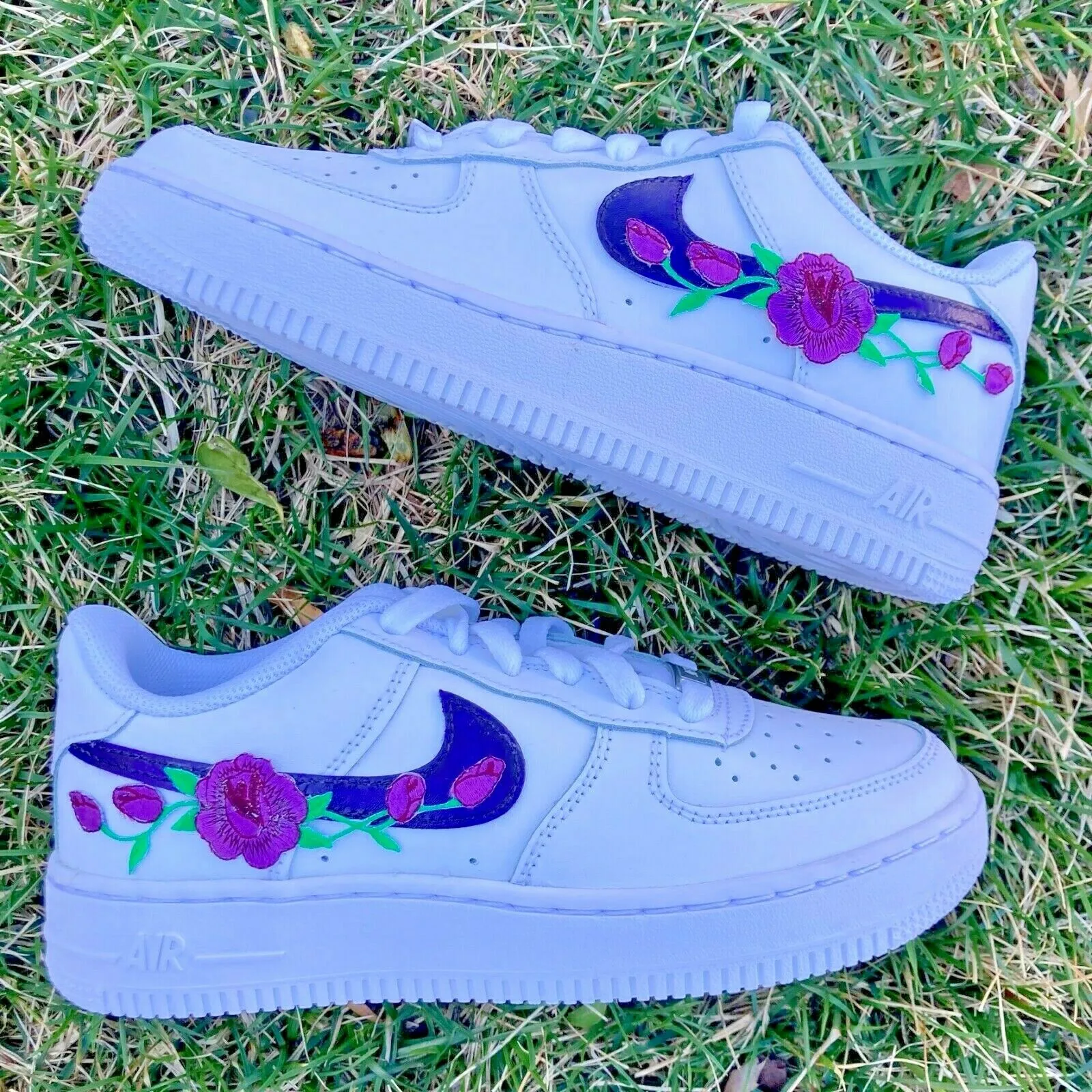 Air Force 1 Custom Dark Purple Rose Floral Flower Low Shoes Women Kids AF1 Sneakers Gloss Finish