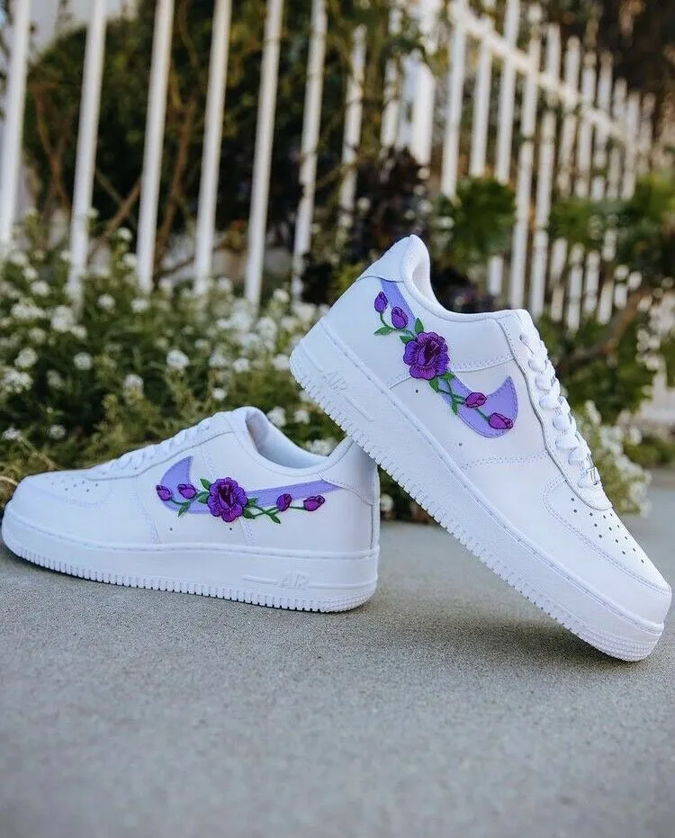 design Air Force 1 Custom Low Purple Small Rose Floral White Shoes Mens Women Kids AF1 Sneakers