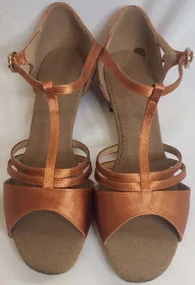 1.33" Sabra -- Block Heel Latin Sandal -- Dark Tan Satin Love Path Mono Style