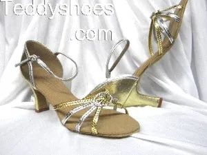 Comfort Slope 3" Marianne -- Flare Heel Latin Sandal -- Gold/Silver