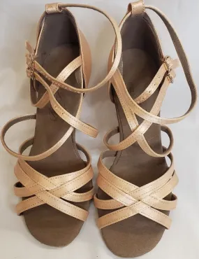 3.38" Carla -- Flare Heel Latin Sandal -- Light Tan Satin Quick Pack