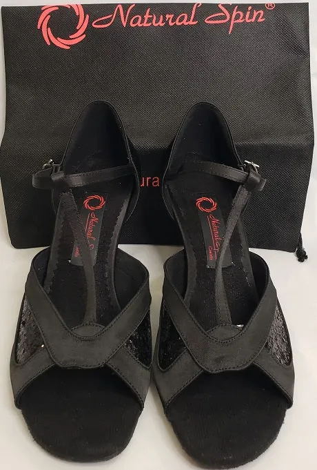 2.5" Jeannie-- Flare Heel Latin Sandal -- Black Satin Outdoor Fun