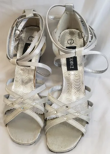 Pose Ready 2.38" Sonia -- Flare Heel Latin Sandal -- Silver Satin