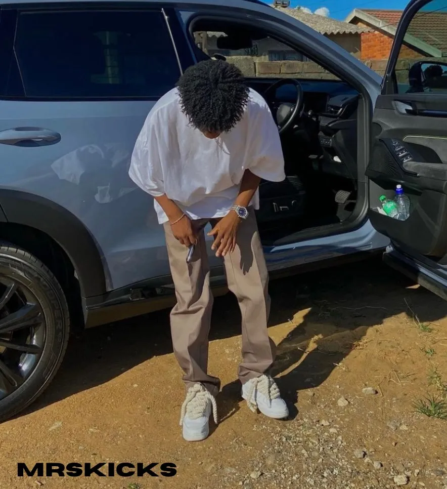 Customised airforce 1 rope laces , bespoke shoes , mrskicks , custom airforces , rope shoes , rope shoe laces , cream rope airforce 1 customs , custom sneakers , personalised footwear 