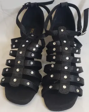 2.38" Shamie -- Flare Heel Latin Sandal -- Black Satin Baby Soft Week Easy