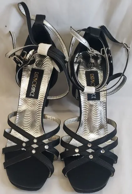 3.38" Vera -- Flare Heel Latin Sandal -- Black Satin Desert Path