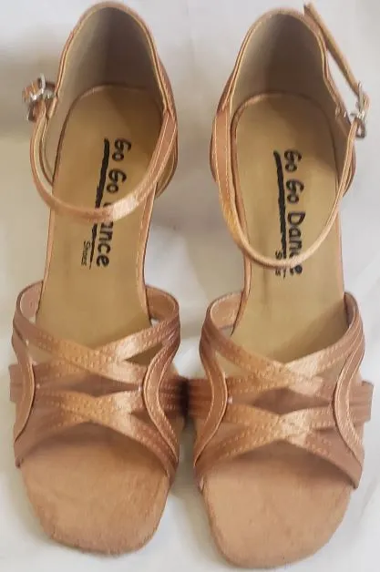 2.5" Cynthia -- Women's Flare Heel Latin Sandal  -- Tan Satin Comfort Run Old School