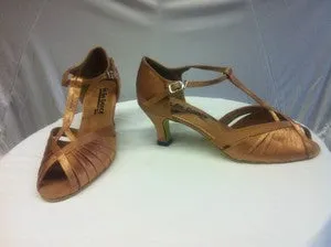 2.5" Angelina -- Flare Heel Latin Sandal -- Tan Satin Quick Motion School Day