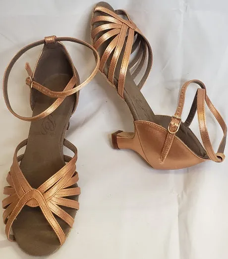 Soft Tone Comfort Fit 2" Sadie -- Wide Heel Latin Sandal -- Tan Satin