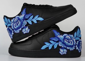 Coastal vibe Secure fit Air Force 1 Custom Shoes Black Rose Blue Flower Floral Low Men Women Kids All Sizes AF1 Sneakers