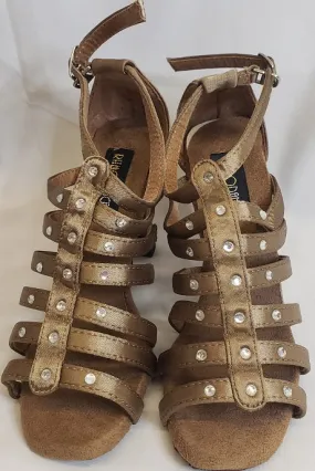 3.38" Brittany -- Flare Heel Latin Sandal -- Bronze Satin Lace Tie