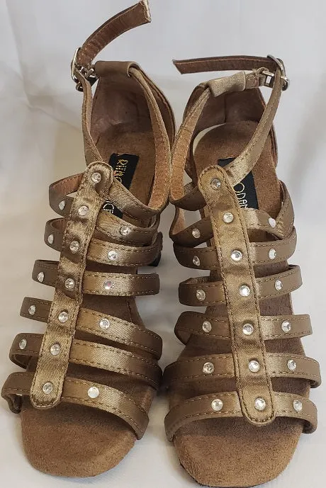 Sky Blue 3.38" Brittany -- Flare Heel Latin Sandal -- Bronze Satin