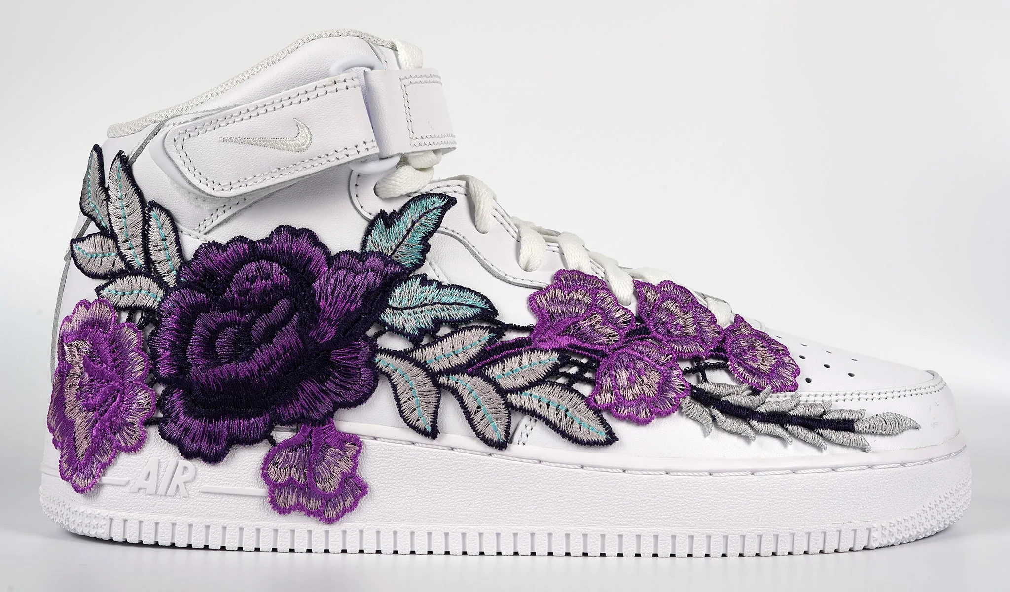Air Force 1 Custom Mid Purple Rose Shoes Flower Floral White All Sizes Men Women & Kids AF1 Sneakers Grip Hold
