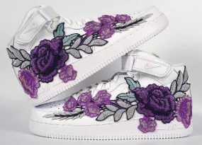 Air Force 1 Custom Mid Purple Rose Shoes Flower Floral White All Sizes Men Women & Kids AF1 Sneakers Rich Glow