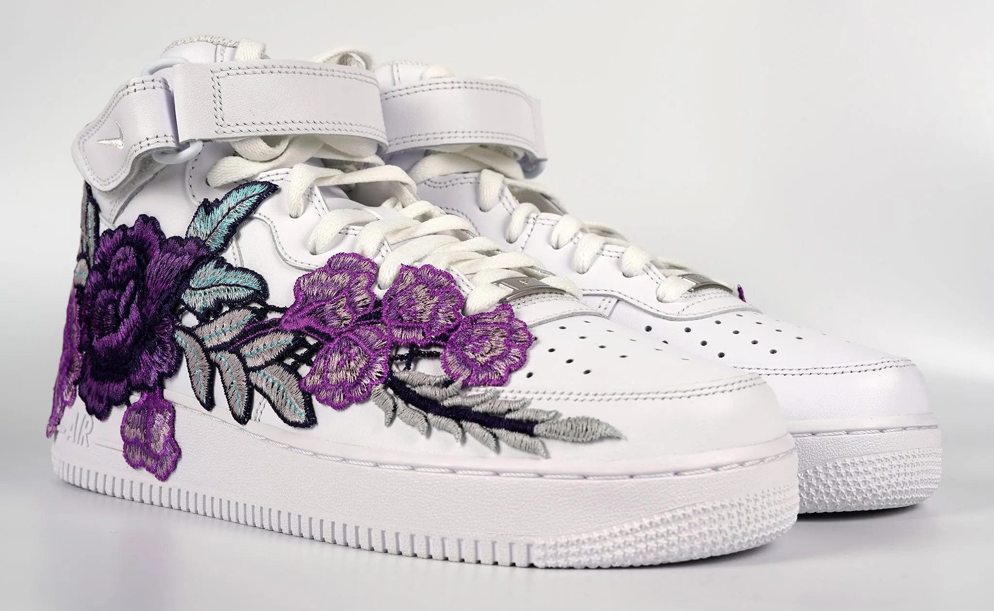 Dive Gear Air Force 1 Custom Mid Purple Rose Shoes Flower Floral White All Sizes Men Women & Kids AF1 Sneakers
