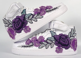 Air Force 1 Custom Mid Purple Rose Shoes Flower Floral White All Sizes Men Women & Kids AF1 Sneakers Rich Glow