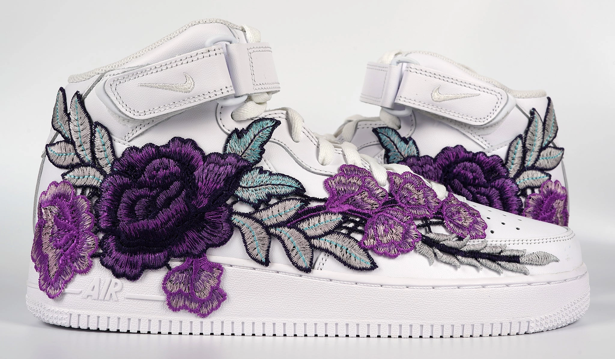 mud proof Air Force 1 Custom Mid Purple Rose Shoes Flower Floral White All Sizes Men Women & Kids AF1 Sneakers