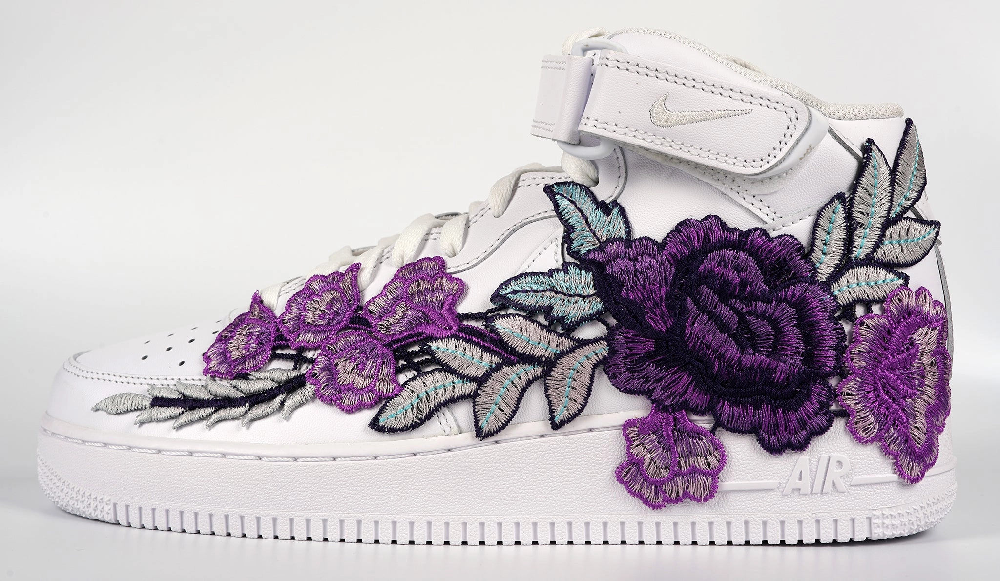 Japan Neat Balance Core Air Force 1 Custom Mid Purple Rose Shoes Flower Floral White All Sizes Men Women & Kids AF1 Sneakers