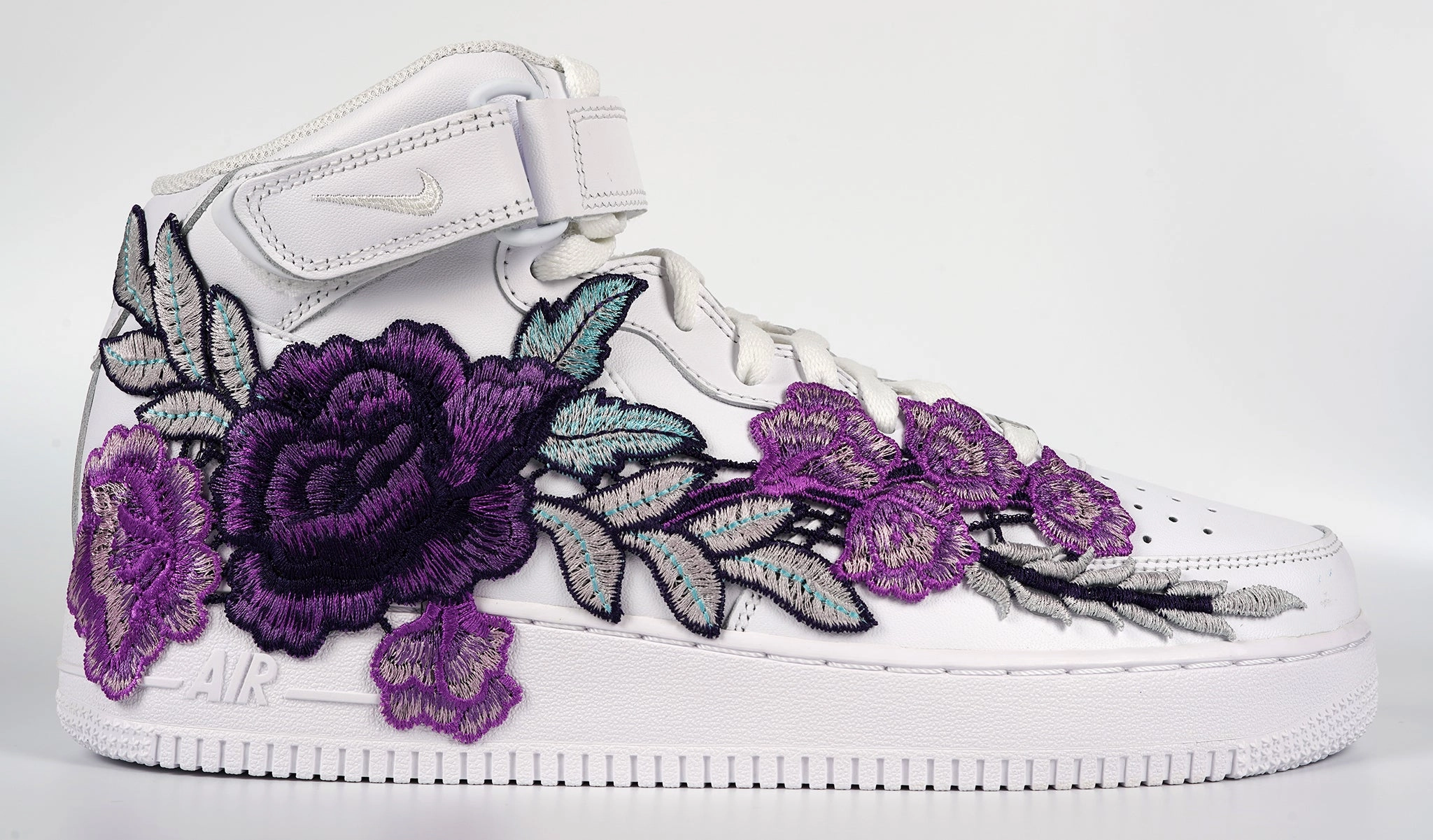 Air Force 1 Custom Mid Purple Rose Shoes Flower Floral White All Sizes Men Women & Kids AF1 Sneakers Grip Hold