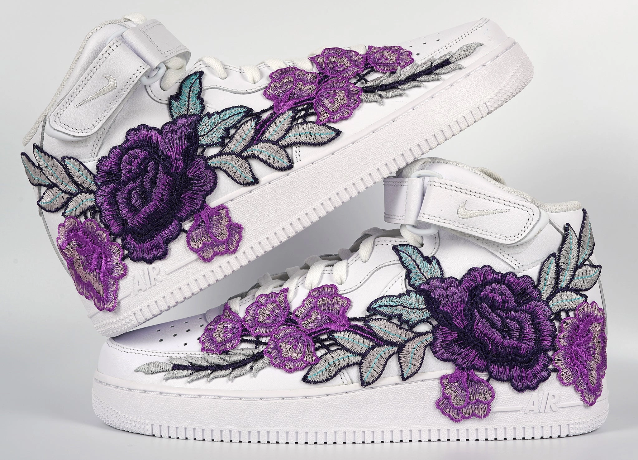 Air Force 1 Custom Mid Purple Rose Shoes Flower Floral White All Sizes Men Women & Kids AF1 Sneakers Rich Glow