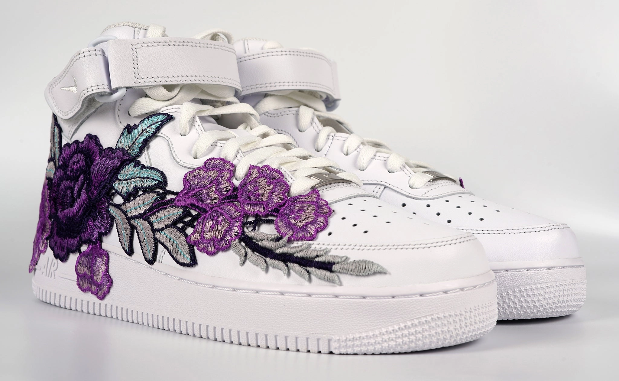 Dive Gear Air Force 1 Custom Mid Purple Rose Shoes Flower Floral White All Sizes Men Women & Kids AF1 Sneakers
