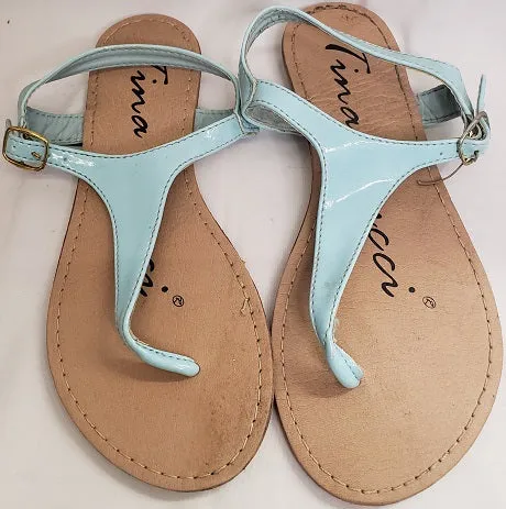 Laney -- Women's Thong Flat Sandal -- Light Blue Patent Soft Insole