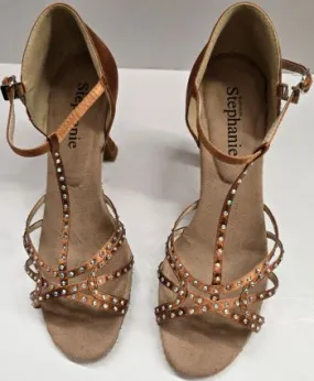 2.75" Norma -- Women's Flare Heel Latin Sandal -- Dark Tan Satin Digital Run Foam Base