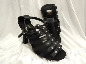 3.38" Brittany -- Flare Heel Latin Sandal -- Black Satin Planet Mood Impact Resistance
