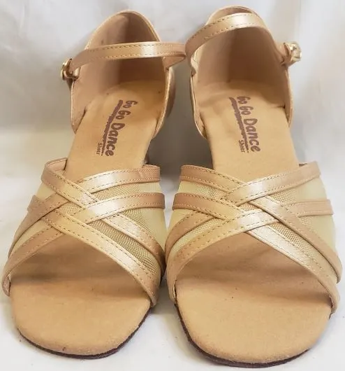 1.3" Harla -- Women's Thick Heel Latin Sandal -- Light Tan Satin Style Goal waterproof