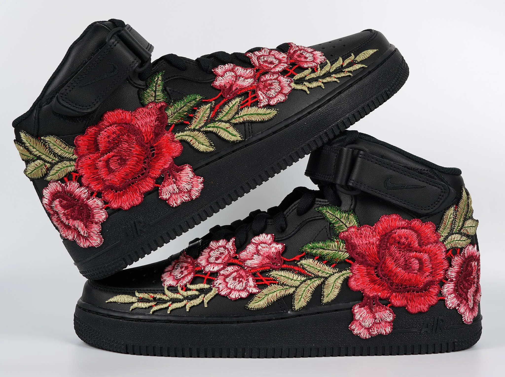 Mono Style Wide fit Air Force 1 Custom Mid Red Rose Shoes Flower Floral Black Men Women & Kids All Sizes AF1 Sneakers