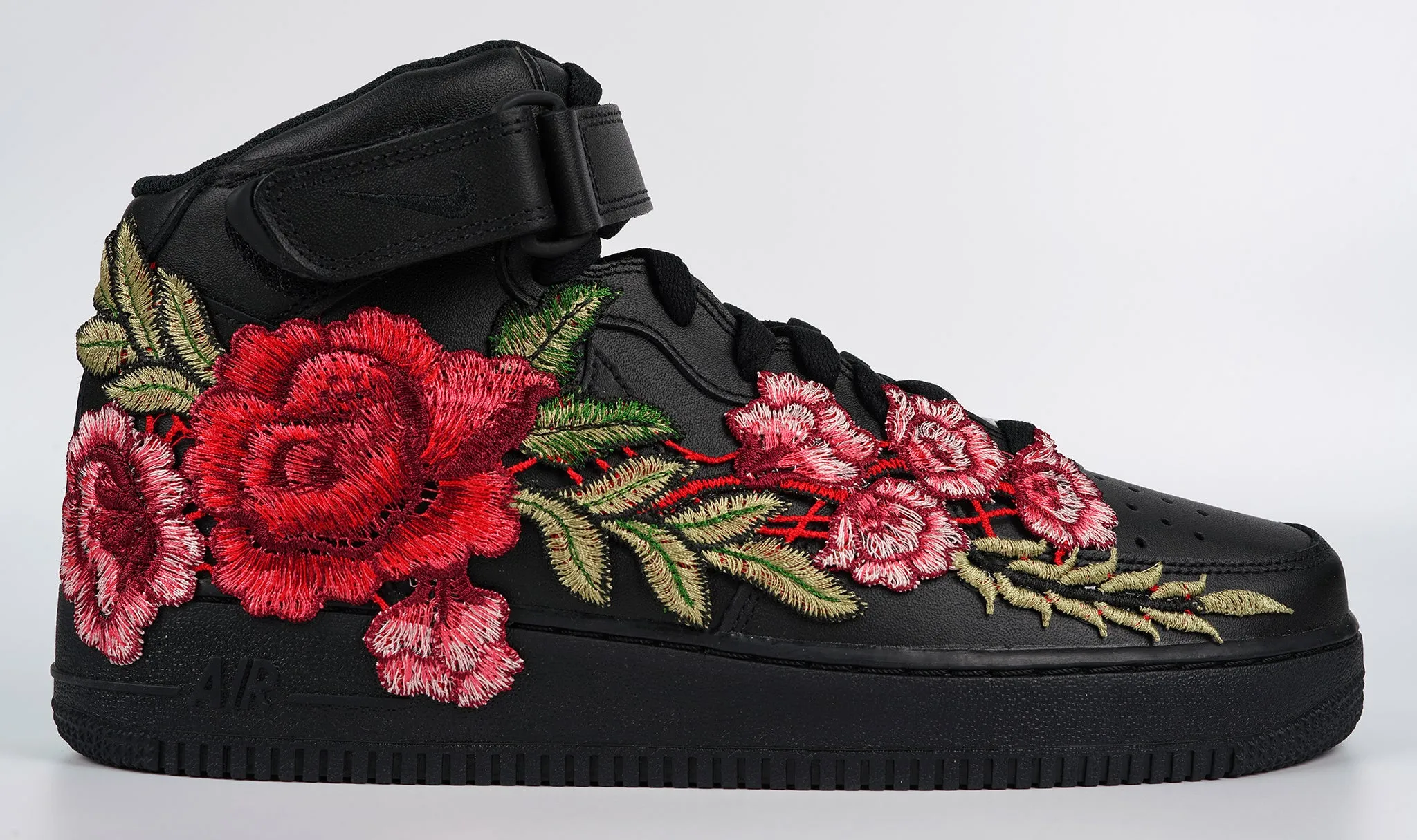 Sand Move Urban Style Air Force 1 Custom Mid Red Rose Shoes Flower Floral Black Men Women & Kids All Sizes AF1 Sneakers