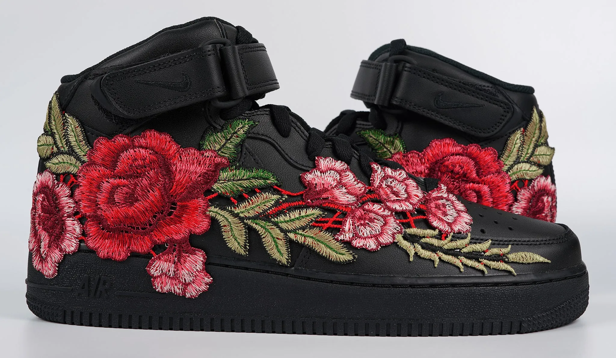 Air Force 1 Custom Mid Red Rose Shoes Flower Floral Black Men Women & Kids All Sizes AF1 Sneakers Comfortable