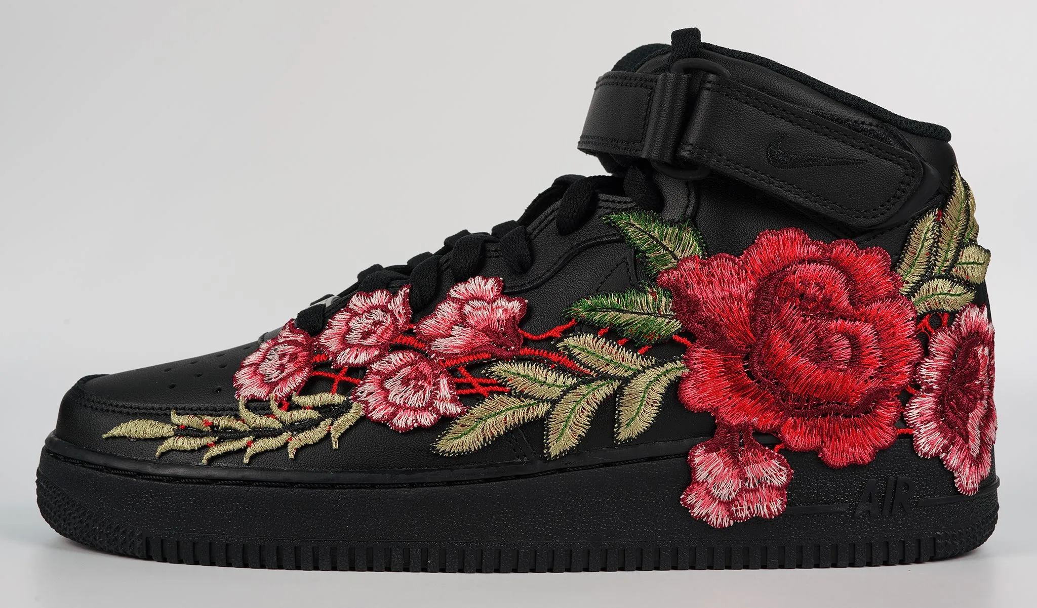 Block Walk Dual Tone Air Force 1 Custom Mid Red Rose Shoes Flower Floral Black Men Women & Kids All Sizes AF1 Sneakers