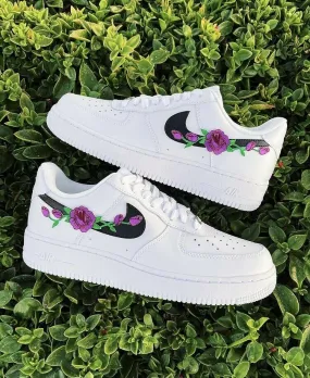Air Force 1 Custom Low Purple Rose Floral White Black Shoes Women Kids AF1 Sneakers Molded Insole