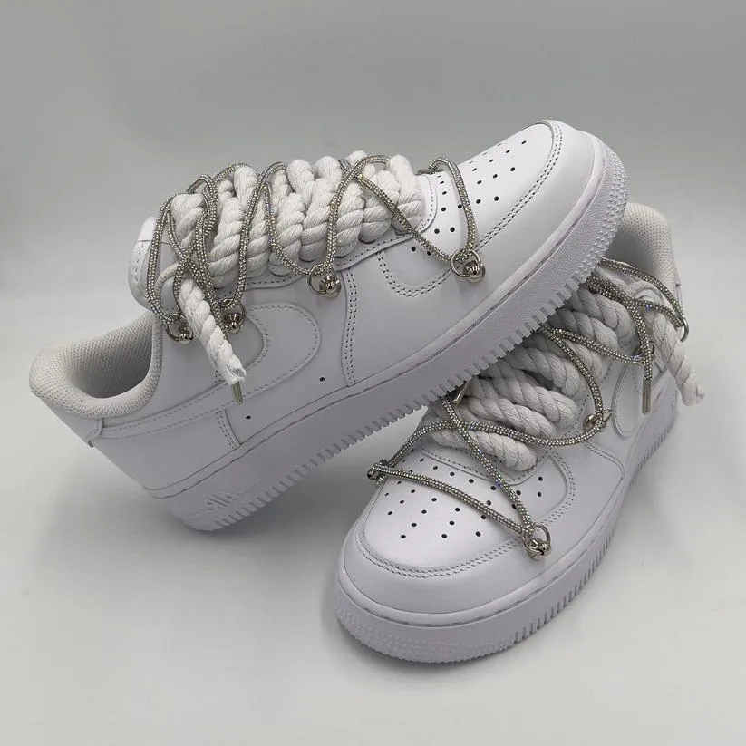 Boho Free Couple Pair Nike Air Force 1 ??Rope Laces White?? Triple Crystal Silver