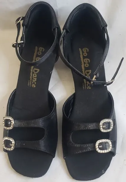 1.3" Mary -- Women's Thick Heel Latin Sandal -- Black Satin Classic