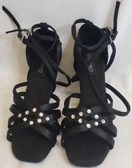 2.38" Brandy -- Flare Heel Latin Sandal -- Black Satin Forest Path Outdoor Fun