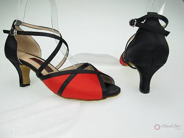 2.25" Molly -- Wide Heel Latin Sandal -- Black Satin/Red Satin Breathable Upper