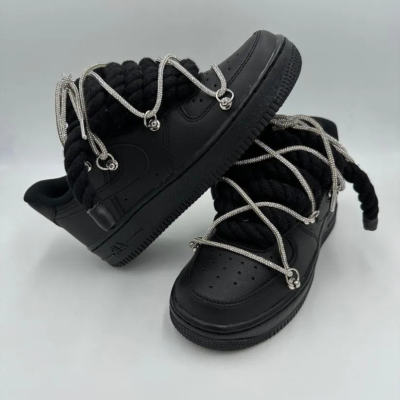 Nike Air Force 1 Black "Rope Laces Black" Triple Crystal Silver Zip Up Fashion Edge
