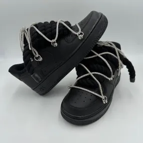 Nike Air Force 1 Black "Rope Laces Black" Triple Crystal Silver Zip Up Fashion Edge