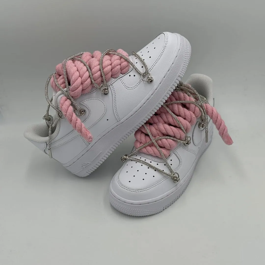 Nike Air Force 1 ??Rope Laces Pink" Triple Crystal Silver Airport Easy Track Run