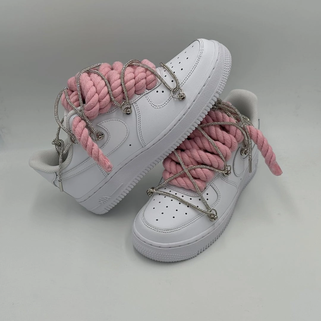 Velvet Soft Nike Air Force 1 ??Rope Laces Pink" Triple Crystal Silver