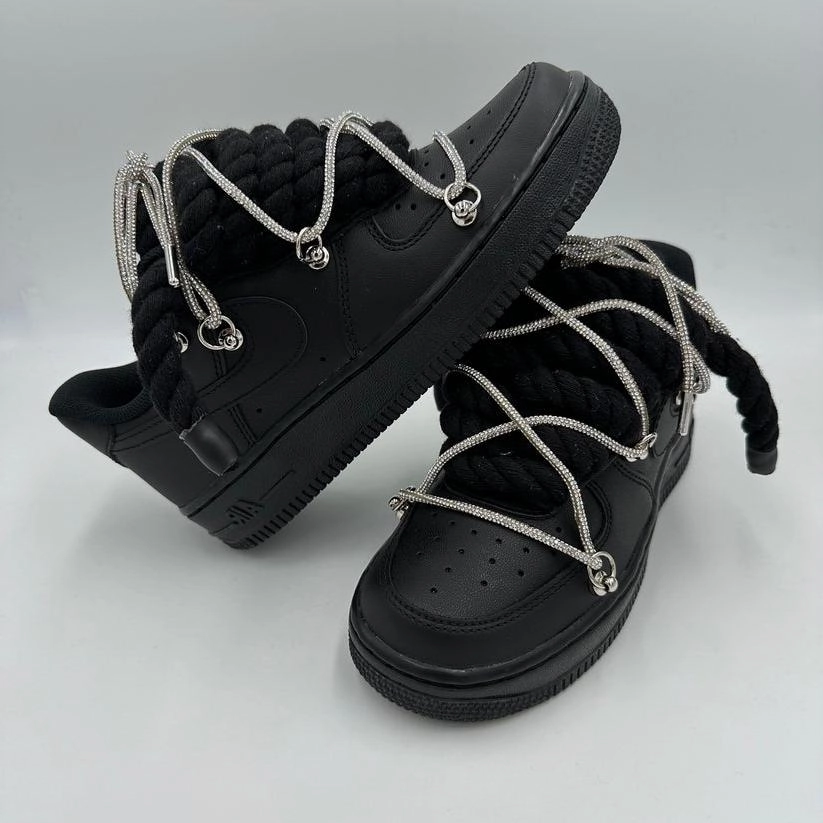 Nike Air Force 1 Black "Rope Laces Black" Triple Crystal Silver Zip Up Fashion Edge