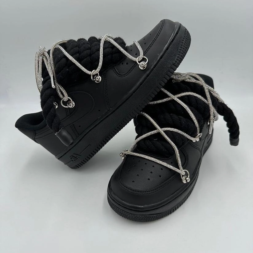 Nike Air Force 1 Black "Rope Laces Black" Triple Crystal Silver Zen Step Daily Essential