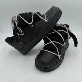 Nike Air Force 1 Black "Rope Laces Black" Triple Crystal Silver Zip Up Fashion Edge