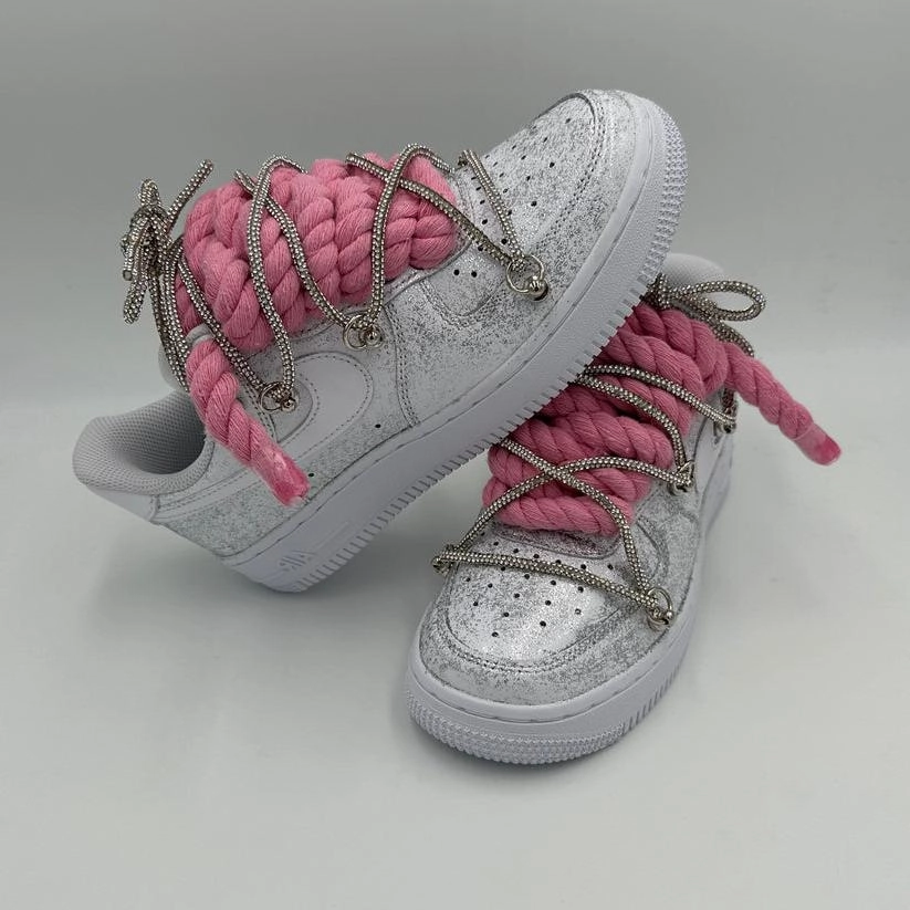 Wide Base Nike Air Force 1 Glitter ??Rope Laces Pink?? Triple Crystal Silver