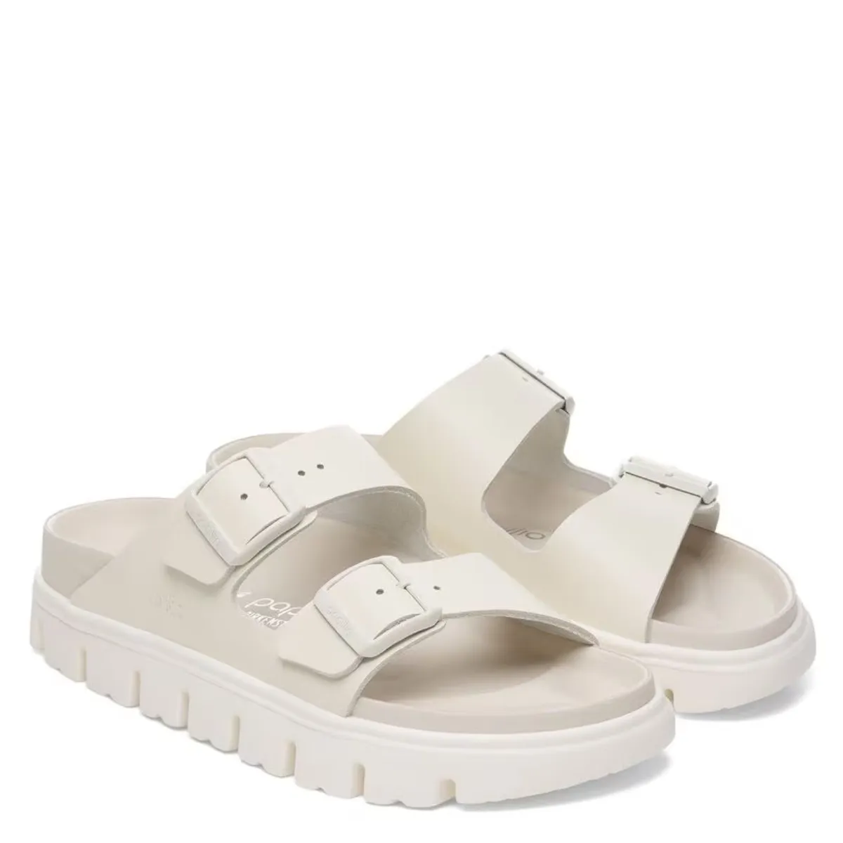 Non-Slip Sole Birkenstock Women's Arizona Chunky Leather in Eggshell Breathable mesh