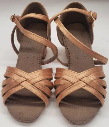 1.33" Suele -- Girl's Block Heel Latin Sandal -- Tan Satin Velvet Soft