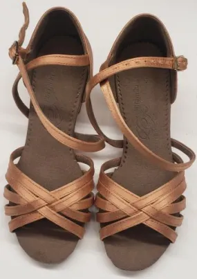 Teen Fun School Day 1.33" Suele -- Girl's Block Heel Latin Sandal -- Tan Satin